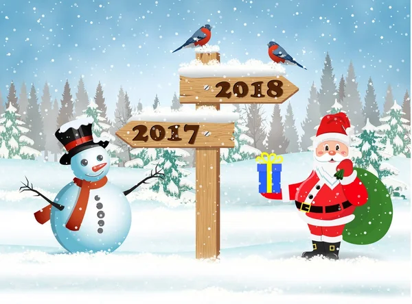 선물 가방와 눈사람 산타 클로스 — 스톡 벡터