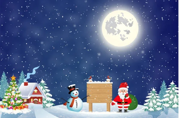 Papai Noel com saco de presente e boneco de neve —  Vetores de Stock