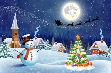 Karlı Noel manzaralı bir ev Geceleyin