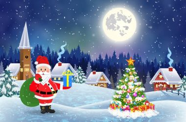 Karlı Noel manzaralı bir ev Geceleyin
