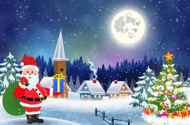 Karlı Noel manzaralı bir ev Geceleyin