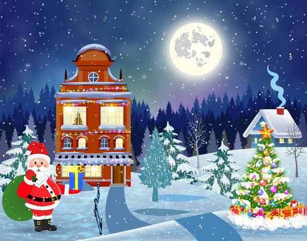 Karlı Noel manzaralı bir ev Geceleyin