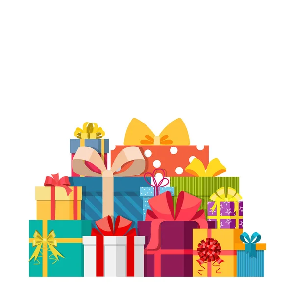 Grote stapel van kleurrijke gewikkeld geschenkdozen. — Stockvector
