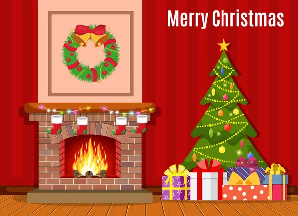 Christmas fireplace room interior — Stock Vector