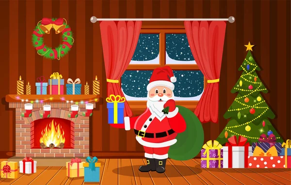 Santa Claus in Christmas room interior — Stock Vector