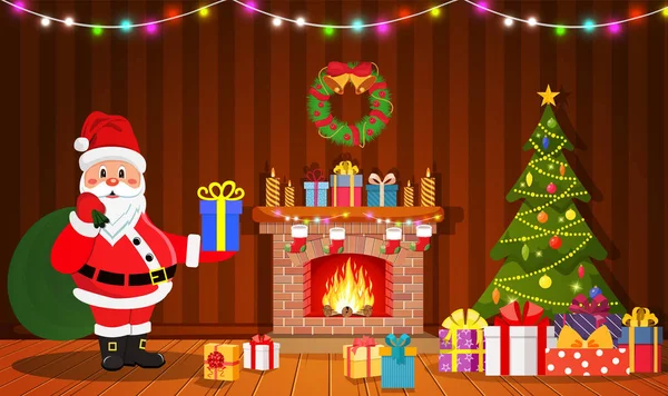 Santa Claus in Kerstmis kamer interieur — Stockvector