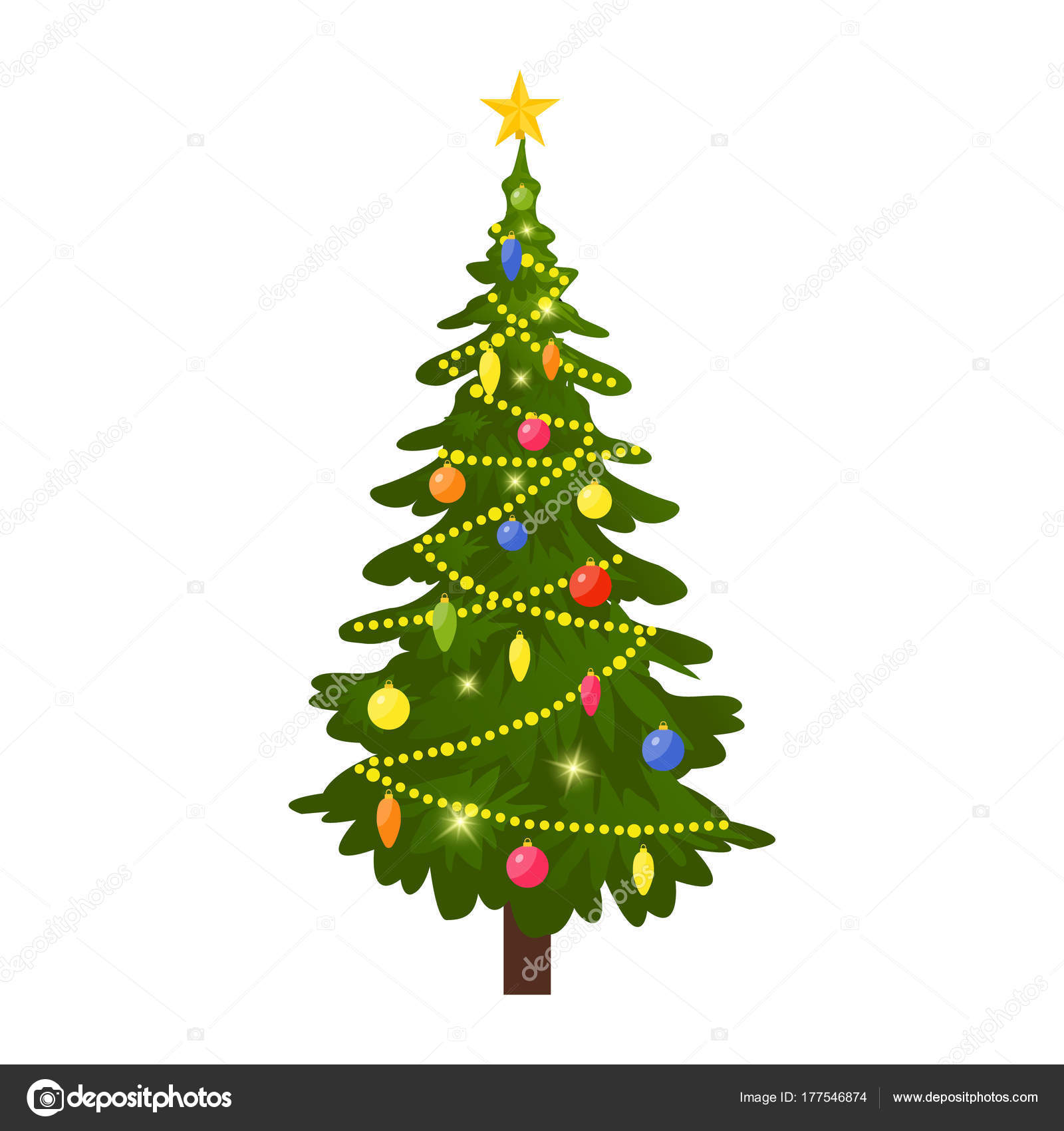Albero di Natale decorato con palline colorate luci di ghirlanda stella d oro Abete albero sempreverde Cartolina d auguri poster festivo inviti per