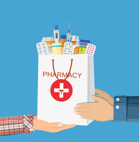 Saco de compras branco com pílulas médicas diferentes — Vetor de Stock