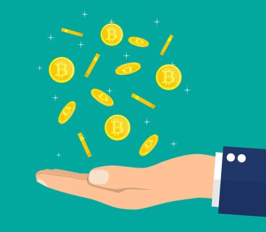 Yağmur bitcoin işareti ve el ile altın sikke.