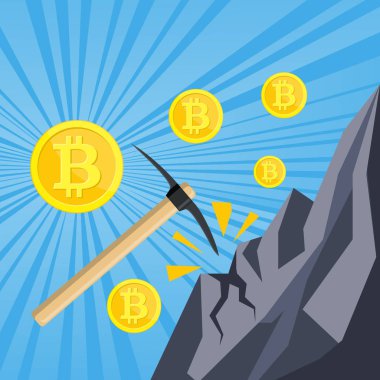 Altın madeni para bilgisayar çipi ve kazma ile.