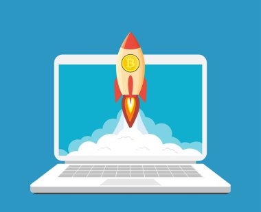 bitcoin simgesi olan bulutlar üzerinde uçan roket