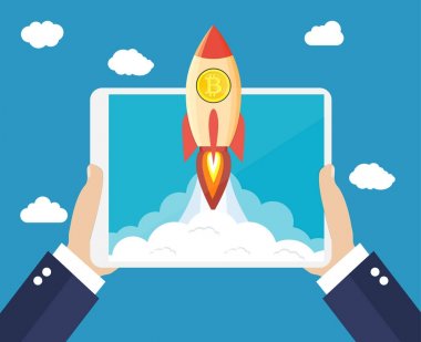 bitcoin simgesi olan bulutlar üzerinde uçan roket