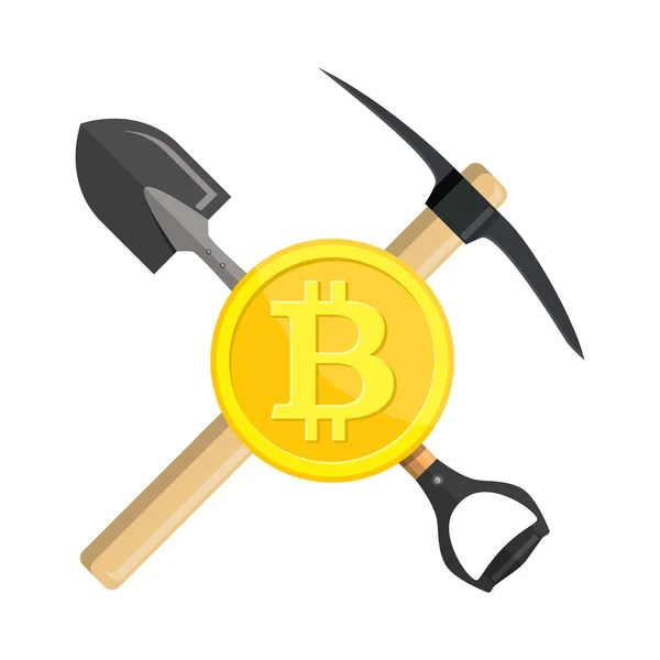 Arany bitcoin és csákány — Stock Vector