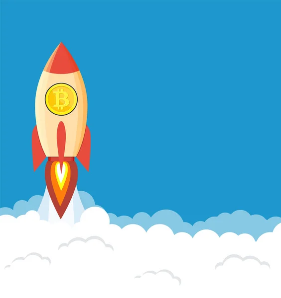 Bitcoin ikonnal felhők felett repülő rakéta — Stock Vector