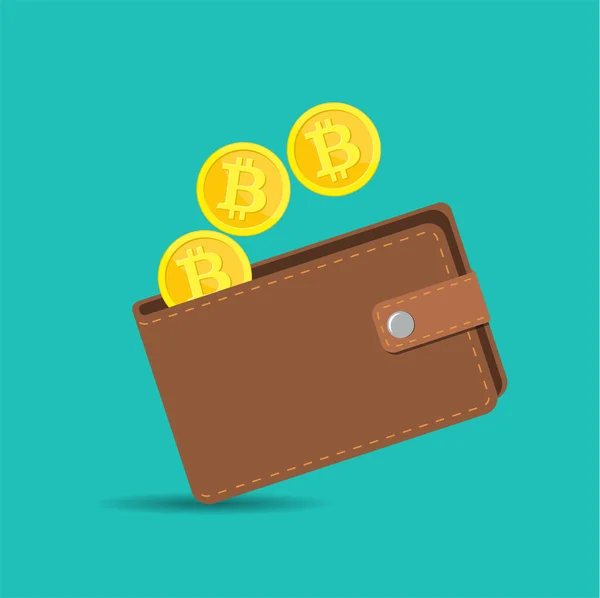 Brun bitcoin plånbok med mynt — Stock vektor