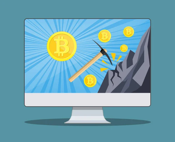 Bitcoin bányászat koncepció monitor, — Stock Vector