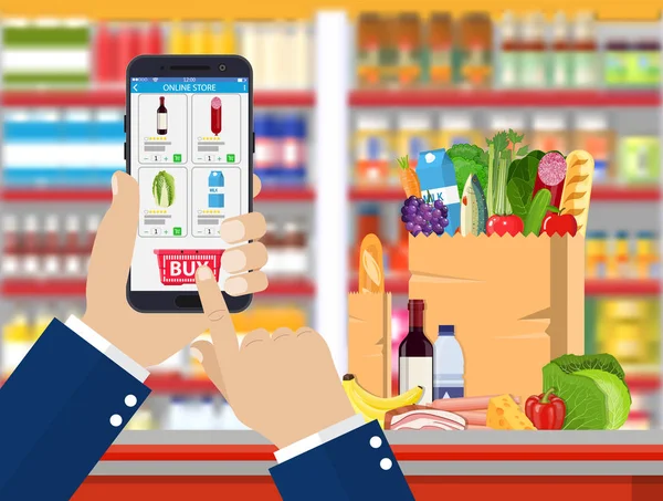 Smartphone mit Shopping-App in der Hand. — Stockvektor