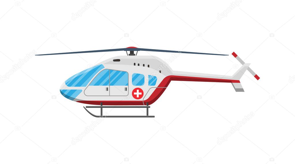 Ambulance helicopter. Red medical evacuation helicopter. Healthcare, hospital and medical diagnostics. Urgency and emergency services. Vector illustration in flat style