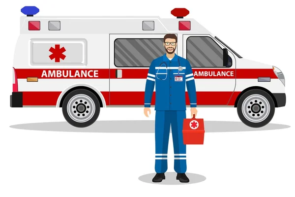 Urgentiste homme et ambulance voiture — Image vectorielle