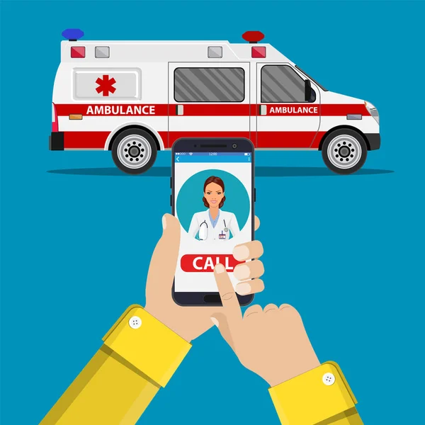 Chame o carro da ambulância pelo telefone móvel , — Vetor de Stock