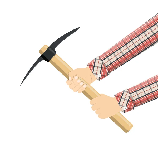 Wooden pickaxe with iron tip in hand. — Stock Vector