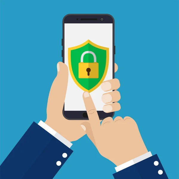 Hand met smartphone met mobiele beveiliging — Stockvector