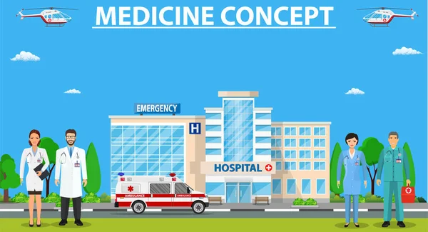 Concepto médico. Fondo panorámico con hospital — Vector de stock