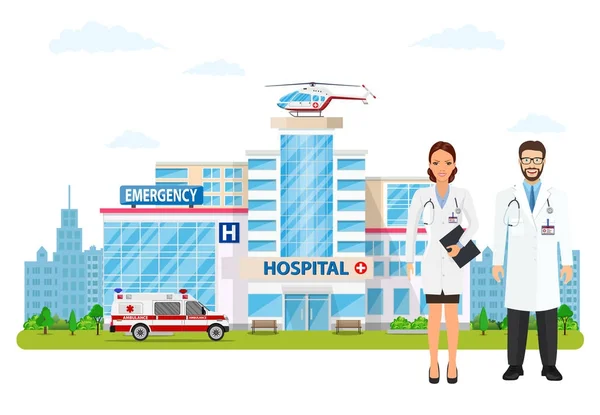 Concepto médico. Fondo panorámico con hospital — Vector de stock