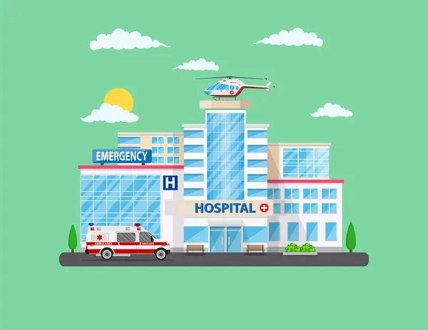 Clinic med ambulans helikopter och bil — Stock vektor