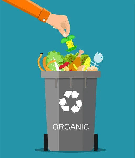 Man hand throws garbage into a organic container — Stock Vector