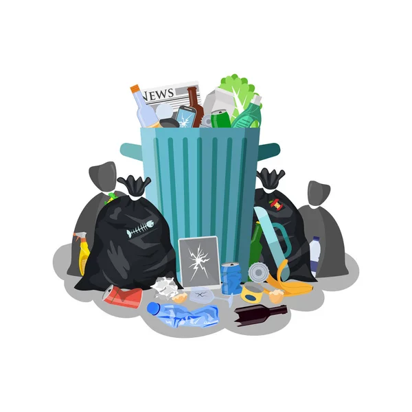 Cubo de basura de acero lleno de basura . — Vector de stock