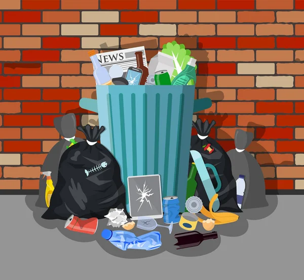 Steel garbage bin full of trash. — Stock Vector