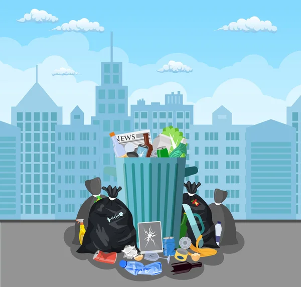 Koszu na śmieci stalowych pełnych śmieci. — Wektor stockowy