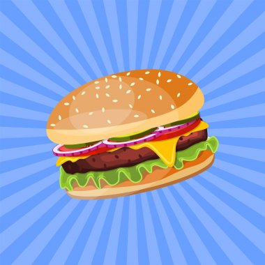 Hamburger with cheese, tomato and salad.