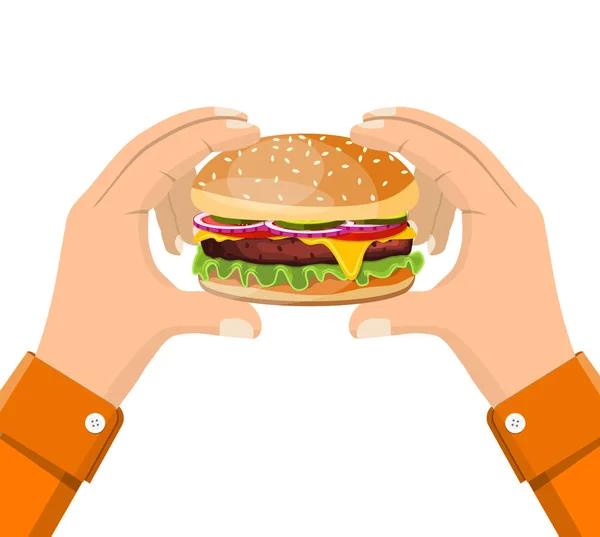 Hamburguesa en la mano, Comer concepto de comida rápida . — Archivo Imágenes Vectoriales