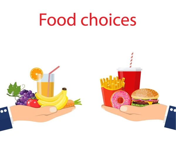 Choix de nourriture. Une alimentation saine et malsaine. — Image vectorielle