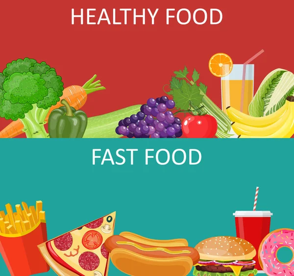 Cibo sano e banner concetto fast food — Vettoriale Stock