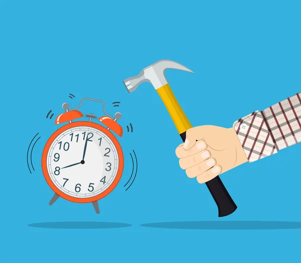 Hand Hold Hammer Broking Alarm Clock — Stock Vector