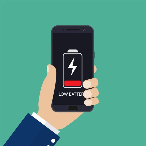 Mão segurando smartphone com bateria fraca —  Vetores de Stock