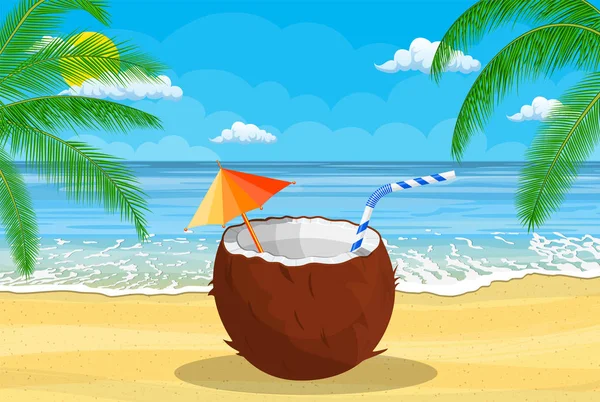 Kokosnuss mit Kaltgetränk, Alkoholcocktail in der Hand. — Stockvektor