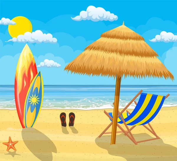 Доски для серфинга на пляже против солнечного мыса — стоковый вектор