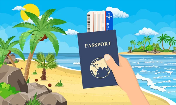Paszport i samolotem bilet w ręku. — Wektor stockowy