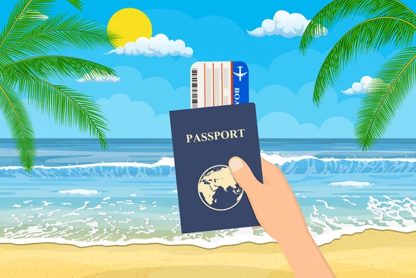 Paspoort en vliegtuig ticket in de hand. — Stockvector
