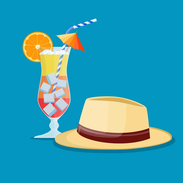 Sombrero de verano y vaso de bebida fría — Vector de stock