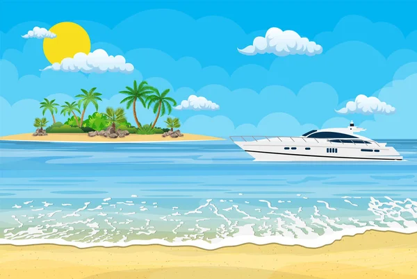 Райський пляж моря з яхтами — стоковий вектор