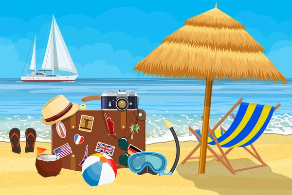 Vintage old travel suitcase on beach. — Stock Vector