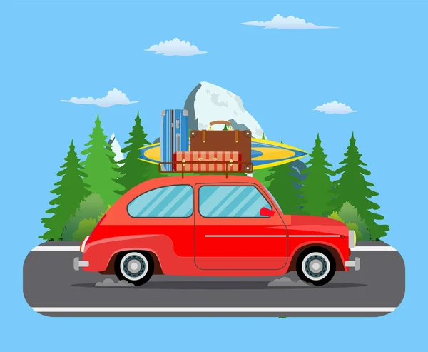 Remolque de viaje por carretera en carretera zona forestal . — Vector de stock