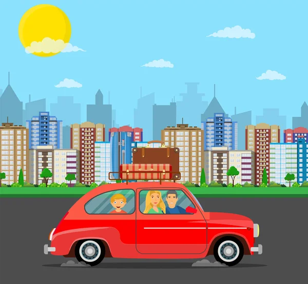 Familia feliz viajando en coche — Vector de stock