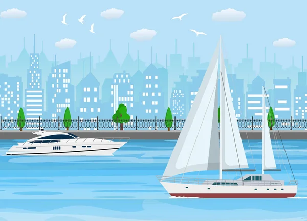 Velero con lona blanca y yate moderno — Vector de stock