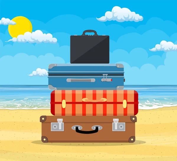 Bagagem, bagagem, malas em fundo tropical — Vetor de Stock